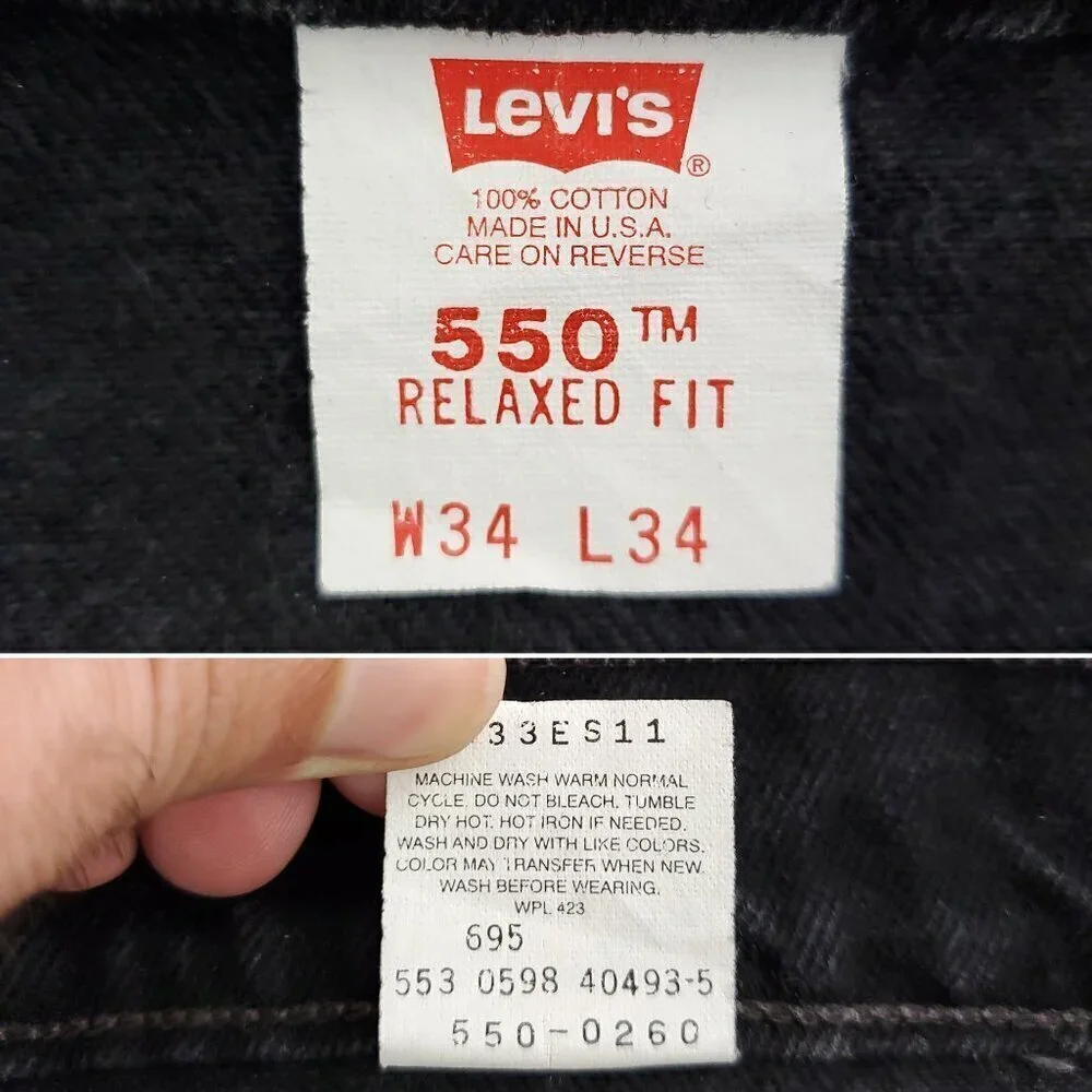 Levi's 550 Vintage Jeans 90s Relaxed Fit Batwing USA Black Denim Men's 34x34